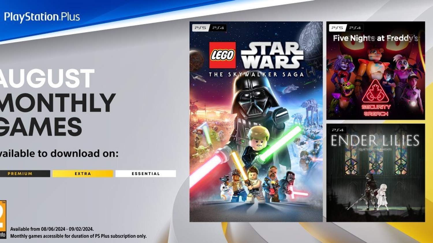 Předplatné PlayStation Plus Essential nabídne v srpnu hry LEGO Star Wars: The Skywalker Saga a Five Nights at Freddy’s Security Breach 